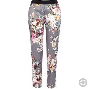 River Island Satin Pants Grey Floral ankle Straight leg size 8 Silky
